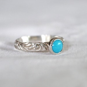 Sleeping Beauty Turquoise Stacking Ring, Recycled Sterling Silver Swirl Pattern, Natural Gemstone Ring, Patterned Ring, Size 7.25