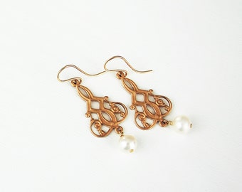Boho pearl earrings golden brass scroll, 14K gold fill ear wires for sensitive ears