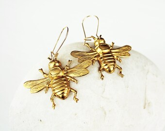 Golden Bee Earrings, Raw Brass Big Bees14K Gold Fill Ear Wires