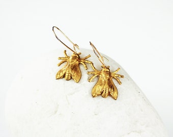 Golden Fly Earrings Raw Brass, 14K Gold Fill Ear Wires, Insect Jewelry, Housefly Earrings