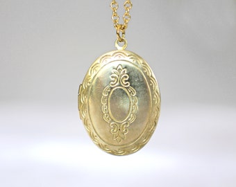 Oval Brass Vintage Locket Necklace Carved Baroque Pattern, Choose Your Necklace Length