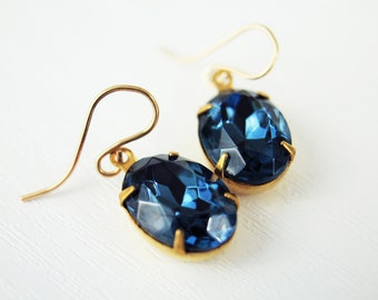 Dark Blue Rhinestone Earrings, Vintage Swarovski Montana Blue Glass, Bridal Earrings, 14K gold fill for sensitive ears