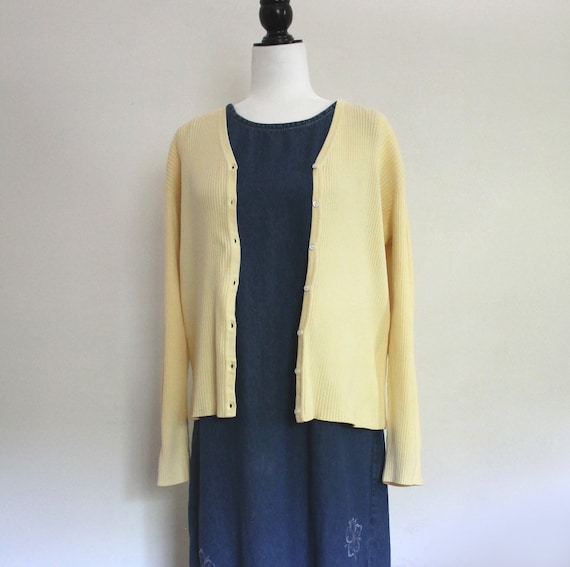 Light Yellow Cardigan Sweater, 90s Ribbed Knit Ove