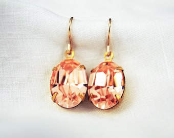 Peach Rhinestone Earrings, Vintage Swarovski Glass, Bridal Earrings, 14K Gold Fill for Sensitive Ears