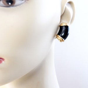 vintage curved gold tone and noir earrings, black post earrings MONET