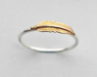 Brass Feather Ring Sterling Silver Nature Inspired Mixed Metal Boho Stacking Ring, Thumb Ring, Gift Idea