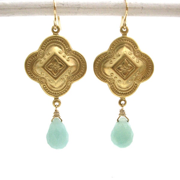 Brass Clover Quatrefoil Amazonite Earrings / 14K Gold Fill Ear Wires / Marrakesh