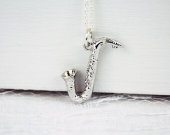 Silver Saxophone Necklace, Vintage Sterling Silver Alto Sax Charm Pendant