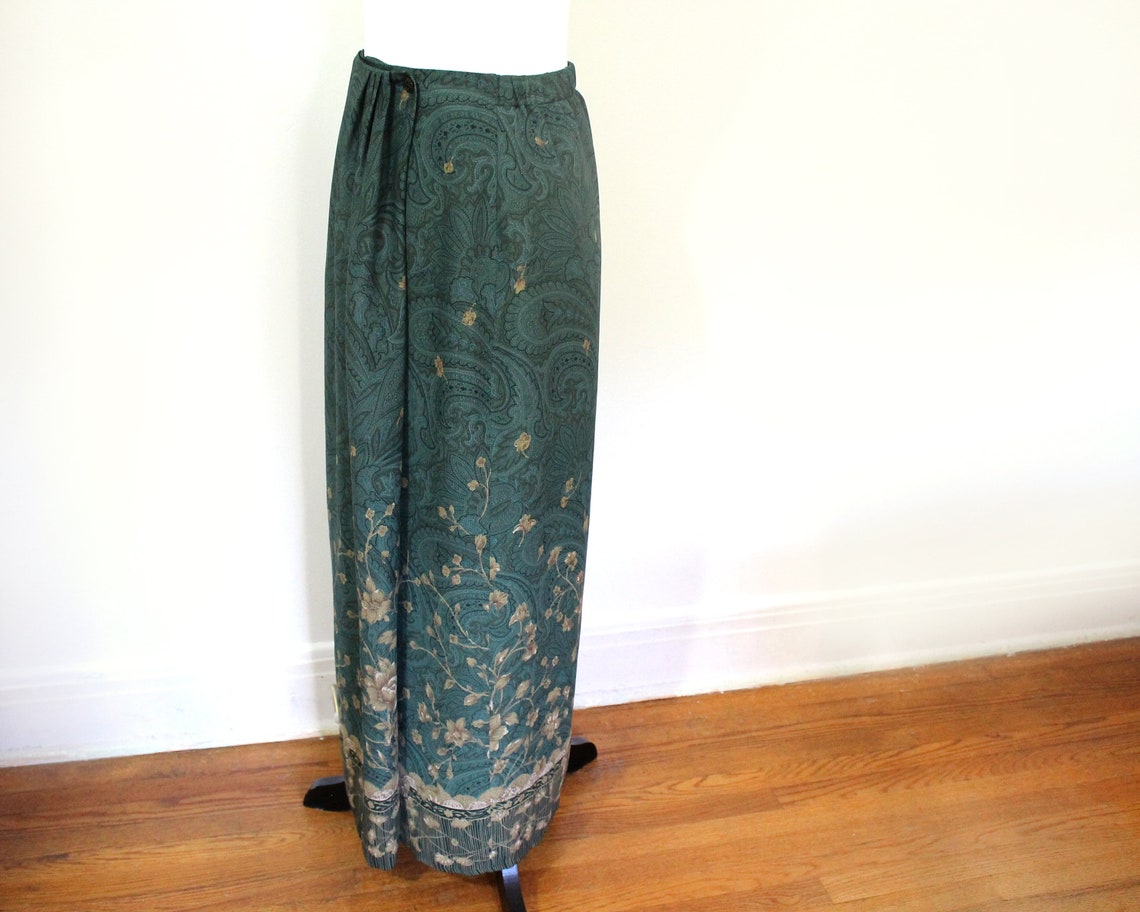 Long Green Floral Skirt Wrap Around Skirt Vintage Maxi - Etsy