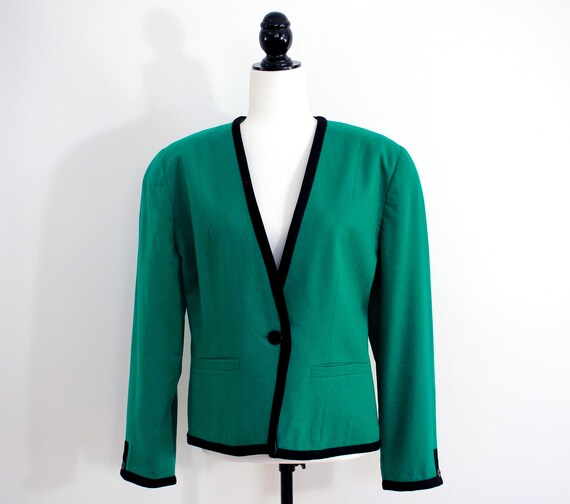 emerald green wool blazer with black trim, JH COLL