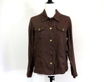 Vintage 1990s BAGATELLE Linen Blazer, Chocolate Brown Jean Jacket Style, Best Fits Medium