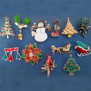 Vintage Weihnachtsbrosche: Strass Baum, Schneemann, oder Weihnachtsstern Anstecknadel