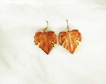 Autumn Maple Leaf Earrings Vintage Drops, 14K Gold Fill for Sensitive Ears, Nature Inspired, Topaz Acrylic Fall Colors