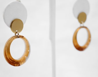 Vintage topaz lucite earrings, Gold post with hoop dangles