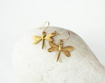 Golden Dragonfly Earrings Raw Brass, 14K Gold Fill Hook Ear Wires for Sensitive Ears, Lightweight Insect Jewelry, Flying Open Wing Earrings