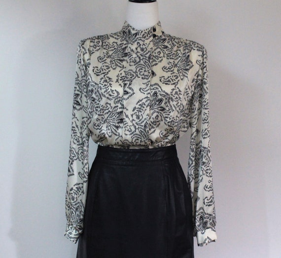 vintage 80s blouse, cream black silky poly smock,