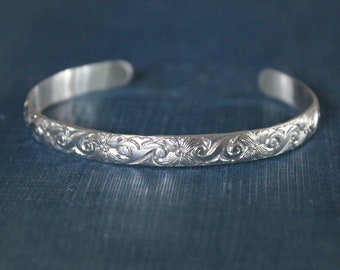 Floral Sterling Silver Cuff Bracelet – Recycled Wide Band