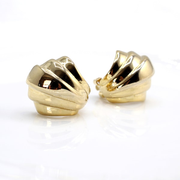 vintage gold tone shell earrings, clip on earrings chunky golden statement earrings, 1 inch