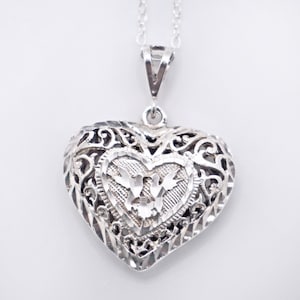 heart filigree silver necklace love birds vintage sterling heart pendant 925, 18 inch dainty chain