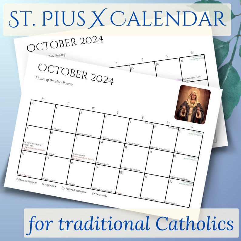Printable Traditional Catholic Calendar October 2024, Pope Pius X Pre
