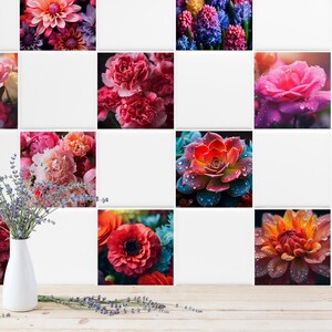 Könnte beinhalten: Ein Set aus neun bunten Blumenfliesenaufklebern mit verschiedenen Blumen, darunter Rosen, Pfingstrosen, Sukkulenten und Dahlien. Die Fliesen sind in einem Raster angeordnet und eignen sich perfekt, um jedem Raum einen Hauch von Natur zu verleihen.