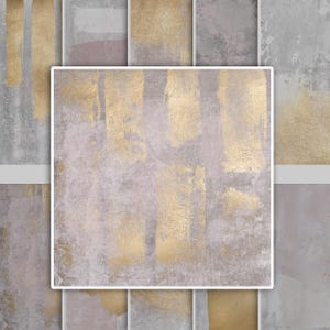 Könnte beinhalten: Abstrakter Kunstdruck mit strukturiertem Hintergrund in Grautönen und Rosa mit goldenen Akzenten.