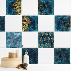 Tile stickers shells blue gold bathroom, tile pictures set self-adhesive