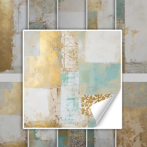 Könnte beinhalten: Eine abziehbare Tapete mit einem modernen abstrakten Design in Gold- und Türkistönen. Die Tapete hat eine strukturierte, abgenutzte Optik und ist perfekt, um jedem Raum einen Hauch von Eleganz zu verleihen.