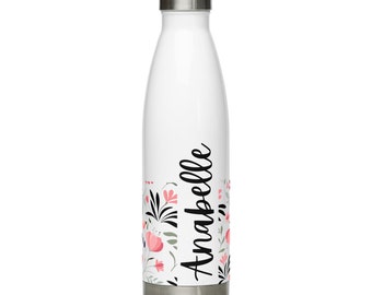 Bottiglie d'acqua in acciaio incise floreali - Bottiglia d'acqua riutilizzabile personalizzata, Bottiglia d'acqua floreale, Bottiglia isolata floreale personalizzata in acciaio inossidabile