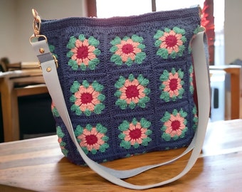 Granny Square Colorful Boho Bag, Vintage Style Crochet Handmade Tote, Hippie Bag for Mom, Colorful Crochet Purse with Adjustable Strap,