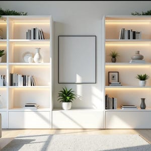 May include: White built-in bookshelves with interior lighting, filled with books, decorative vases, and potted plants. A blank framed picture hangs in the center. A sofa and rug are in the foreground, with a window to the left.
