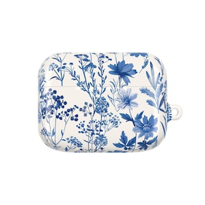 Cute AirPod Case Floral Pattern AirPod Case With Keychain Apple AirPod Case 1 2 Air Pods Pro Case Cover Aesthetic AirPod Case Blue Toile