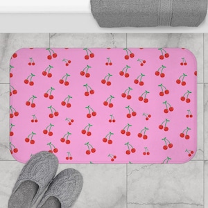 Cherry Bath Mat Coquette Aesthetic Cute Bathroom Decor Y2K Soft Memory Foam Rug Pink Trendy Dorm Decor Girly Gift for Her Preppy Bath Rug