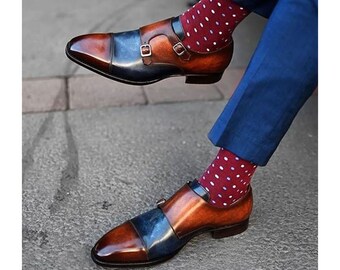 Zapatos de cuero de dos tonos hechos a mano para hombre, zapato con puntera sombreada en azul y marrón, vestido con correa de monje y zapatos formales