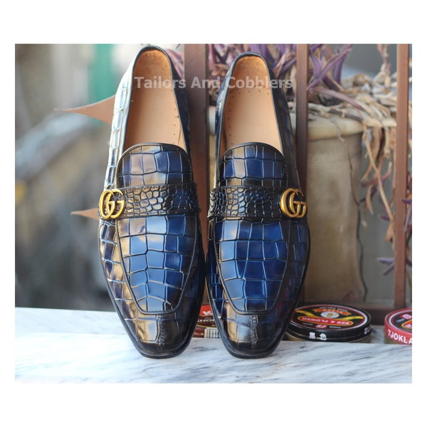 Tailor made Bespoke Goodyear Welted Hand Stitched Blue alligator Leather Slip Ons Shoes, Oxford Formal Dress Party Wears Moccasin Shoe