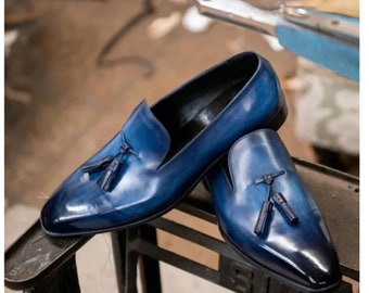 Made To Order Real Blue Leather Tassels Dress Shoes, Handmade Bespoke Handcrafted Shoes  For Mens