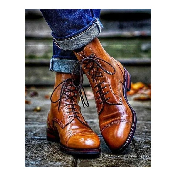 Men Genuine Tan Leather Round Toe Ankle Boots Handmade Goodyear Welted Lace Up Dress Toe Cap Derby Boot