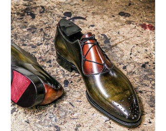 Premium-Qualität zweifarbige Patina handbemalte grüne Leder Shaded Oxford Schuhe, maßgeschneiderte Schuster Herren Schuh