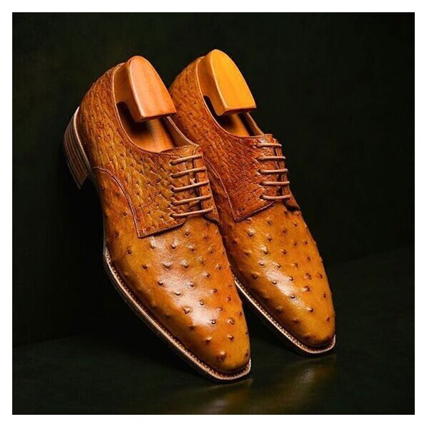 Pure Handmade Men's Tan Ostrich Print Leather Love Shoes, Derby Lace up Unique Footwear