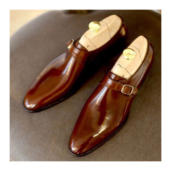 Handcrafted Hand Dyed Brown Pure Calf Leather Shoes, Single Monk Strap Business Vintage Whole-cut Shoes