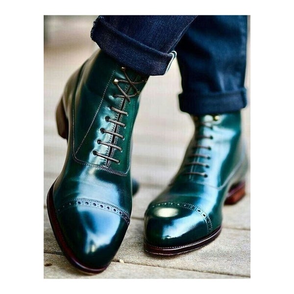 New Handmade Classic Leather Ankle Boots, Men Green Leather Toe Cap Brogue Dress and Formal Oxford Boot
