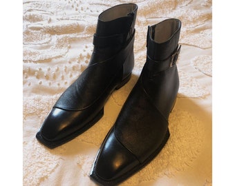 Handmade Ankle Boots, Black Leather & Grain Leather Boot, Men's High Ankle Zipper Monk Strap Boots
