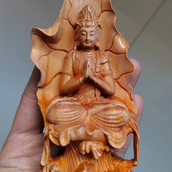 Hand Carved Wooden Thai Female Buddha Statue Authentic Wood Carving of Thai Goddess Artisanal Wood Sculpture: Thai Goddess Figurine