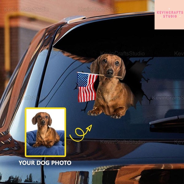 Personalized Dog Decal, American Flag Car Stickers, Custom Pets Car Stickers, Patriotic Sticker, American Car Decal, Dog Crack Car Sticker