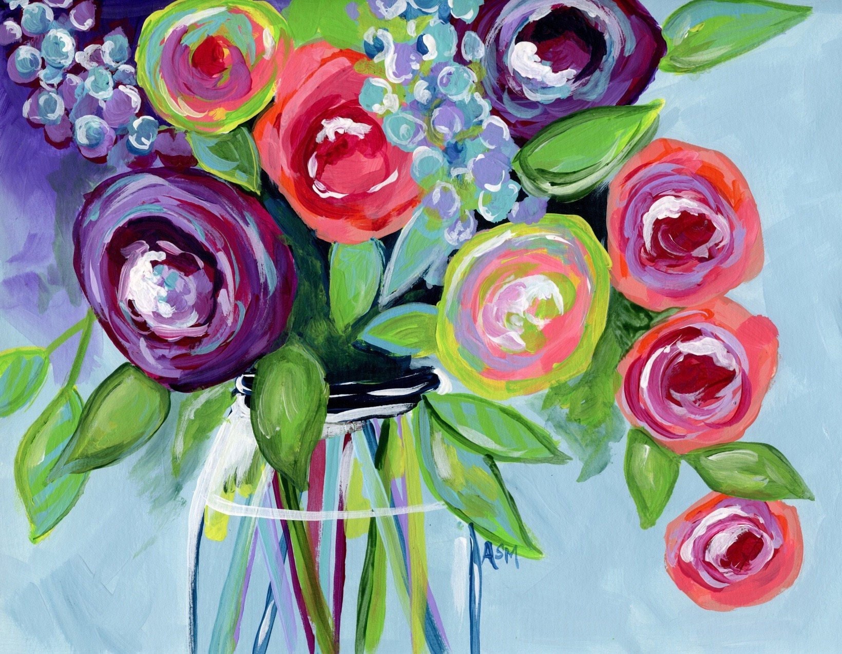 Flower Mason Jar Painting Art Print Farmhouse Floral Art Etsy