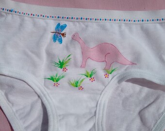 DINOSAUR UNDERWEAR, girls panties, pink, hand painted, girls size 4,6,8