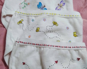 Set of 3 Panties, ladybugs, bees and dragonflies (girls underwear size  Xsmall,Small, Medium) Hand Painted