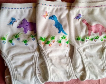 3 pack assorted Sparkly Dinosaur Panties (girls size 4 and 6) hand painted