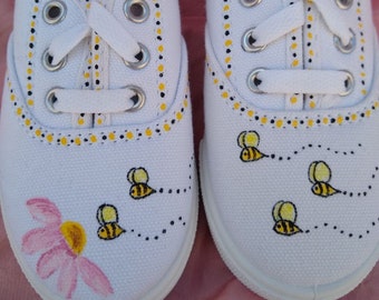 Bumble Bee Shoes, Canvas, lace up, hand painted toddler size 9