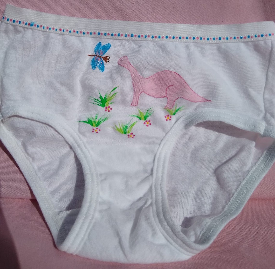 DINOSAUR UNDERWEAR, Girls Panties, Pink, Hand Painted, Girls Size 4,6,8